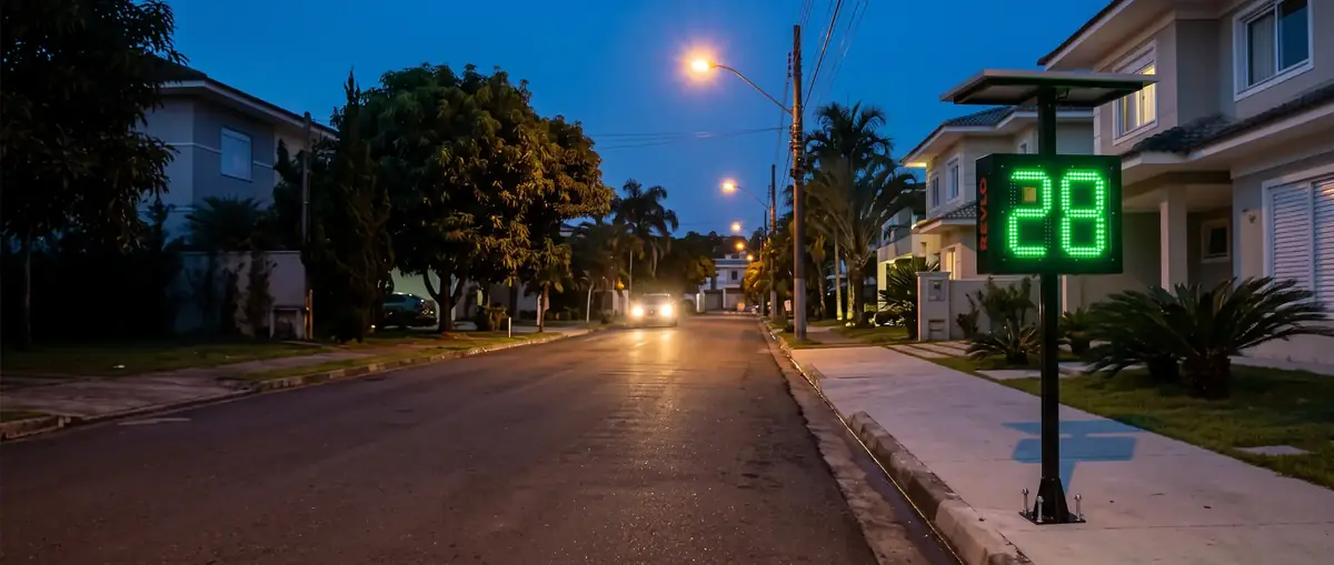 Lombada eletrônica em coluna na calçada de uma rua de condomínio ao anoitecer, mostrando 28 em LED verde