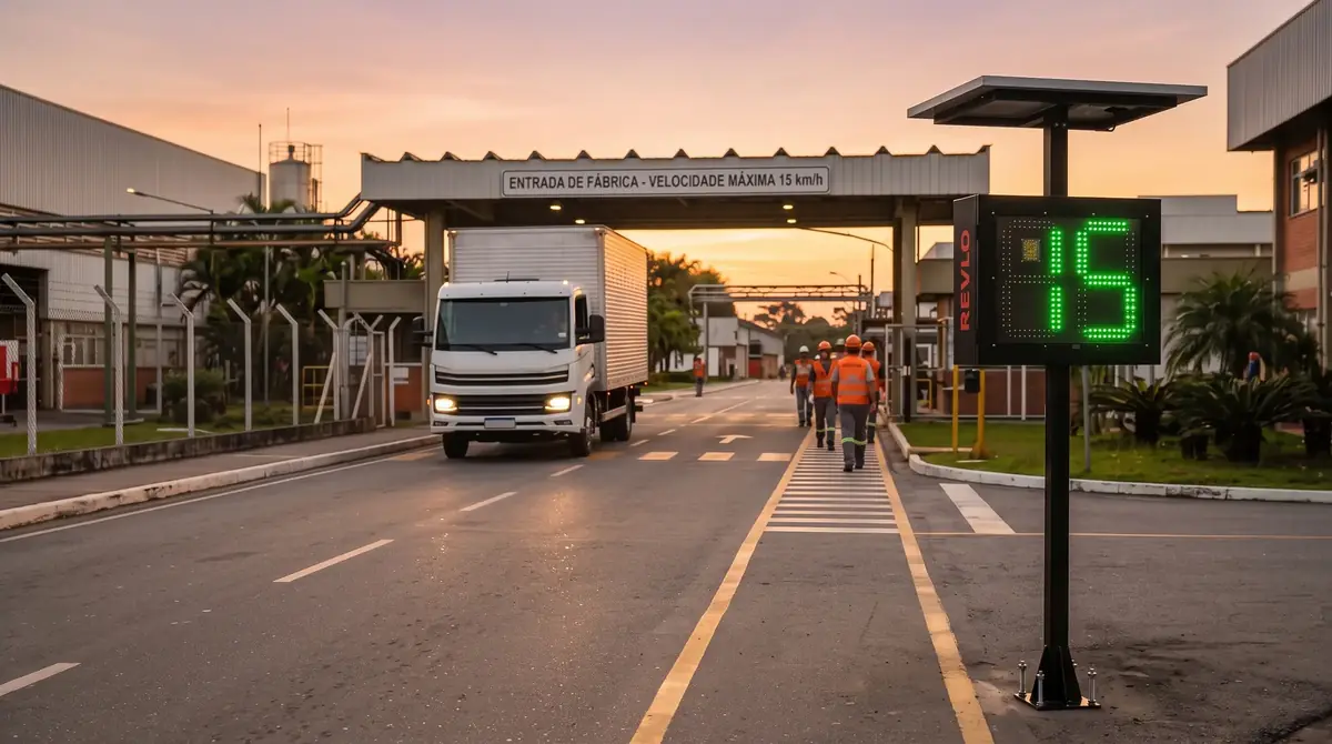 Lombada eletrônica mostrando 15 em LED verde na entrada de uma fábrica ao entardecer, com um caminhão se aproximando e funcionários na faixa de pedestre