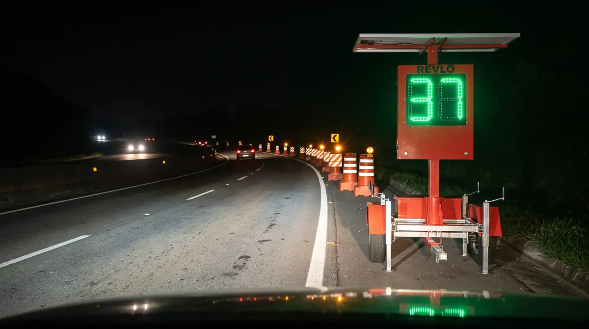 Lombada eletrônica móvel à noite na beira de uma rodovia, antes de um desvio provisório com barreiras listradas, mostrando 37 em LED verde