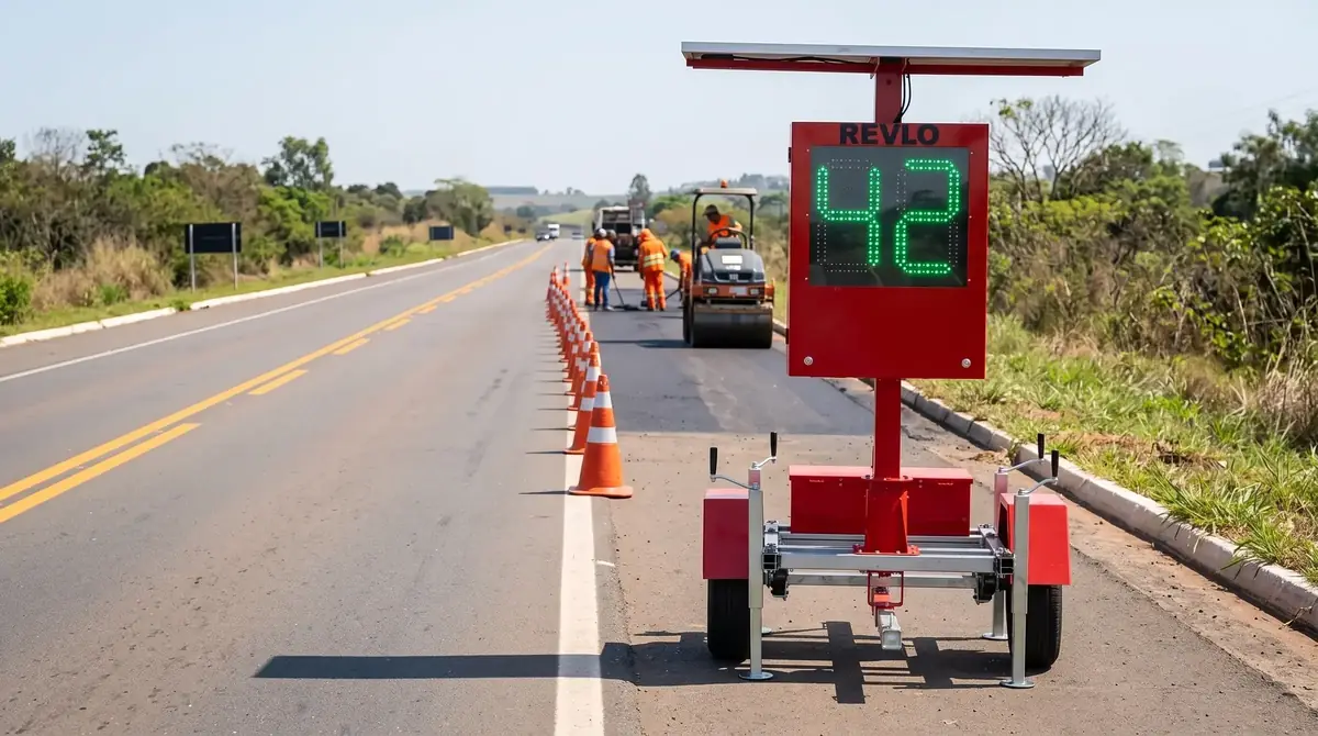 Lombada eletrônica móvel Revlo no acostamento antes de uma faixa interditada por cones, mostrando 42 em LED verde, com a equipe de pavimentação trabalhando adiante