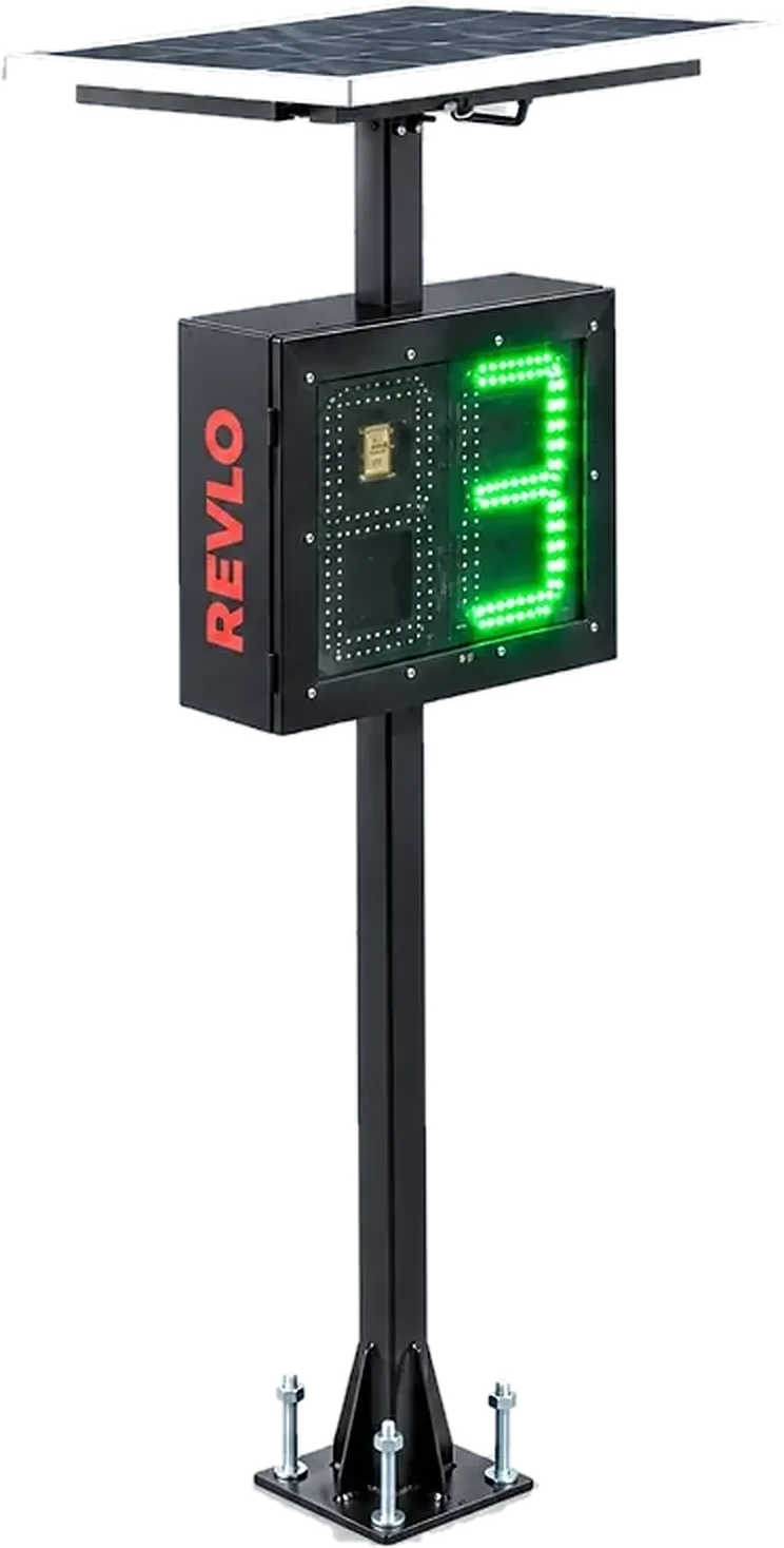 Lombada eletrônica fixa em coluna, com painel solar no topo e o número aceso em LED verde